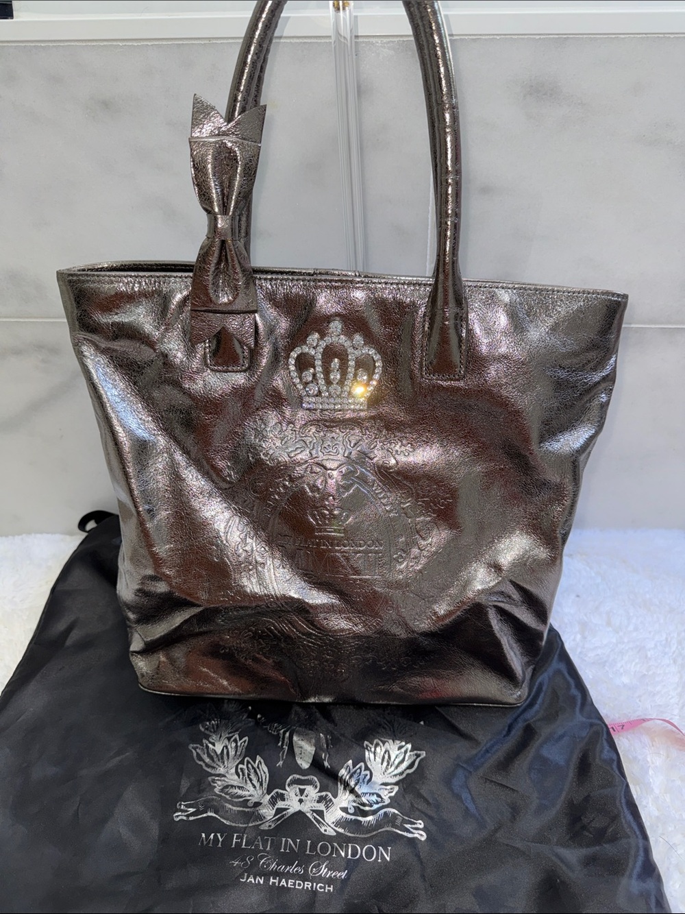 My Flat in London Metallic Silver Tote Bag with Bow Detail